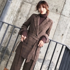 2020秋冬季新款韩版格子羊毛呢小西装套装女时尚气质西服两件套潮